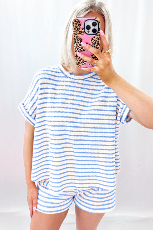 Stripe Knitted Short Sleeve Top and Drawstring Shorts Set